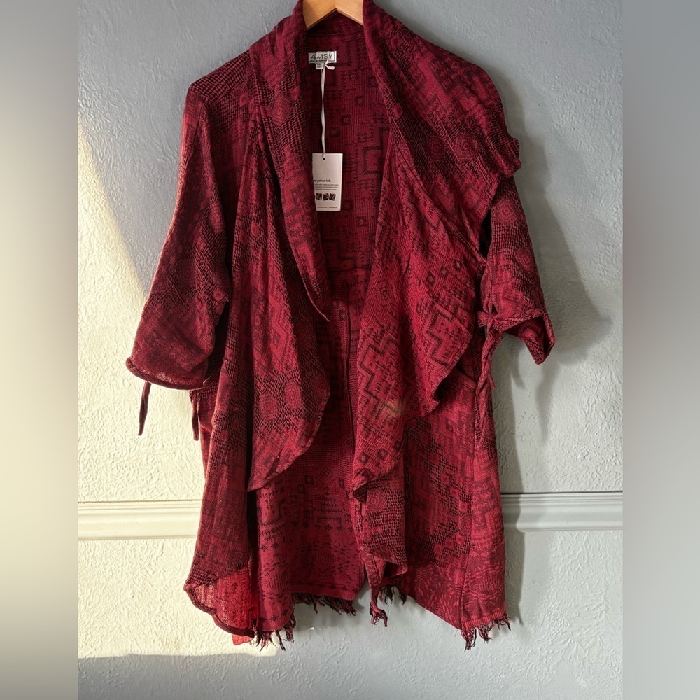 Tamsy | cotton | ruffle | tie detail | 3/4 sleeve | open front | cardigan | OS